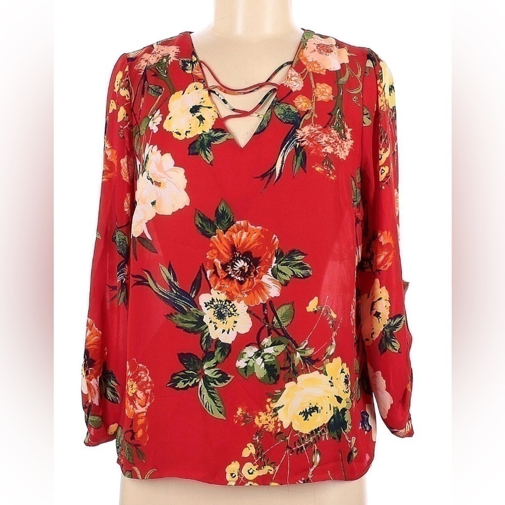 NWT Charming Charlie’s Long Sleeve Red Flowy Floral Lace up Front V-neck Blouse